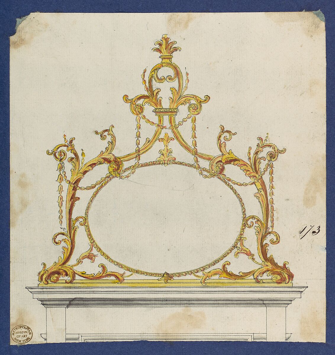 Overmantle, in Chippendale Drawings, Vol. I, Thomas Chippendale (British, baptised Otley, West Yorkshire 1718–1779 London), Black ink, yellow, brown, red, gray washes 