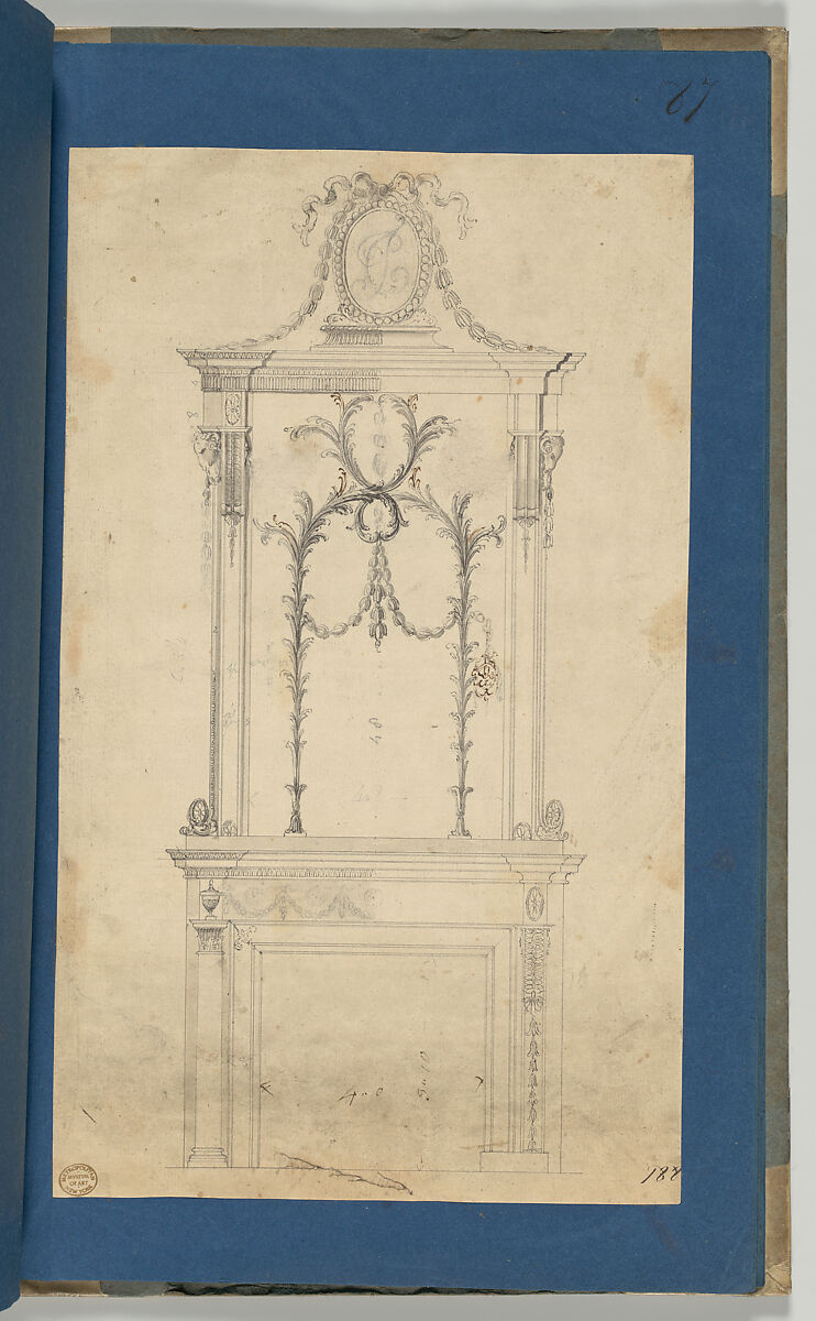 Design for a Chimneypiece with the a Monogram formed of the Initials 'TC', in Chippendale Drawings, Vol. I, Thomas Chippendale (British, baptised Otley, West Yorkshire 1718–1779 London), Black ink, gray ink, gray wash and graphite