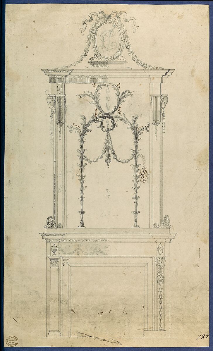 Design for a Chimneypiece with the a Monogram formed of the Initials 'TC', in Chippendale Drawings, Vol. I, Thomas Chippendale (British, baptised Otley, West Yorkshire 1718–1779 London), Black ink, gray ink, gray wash and graphite 