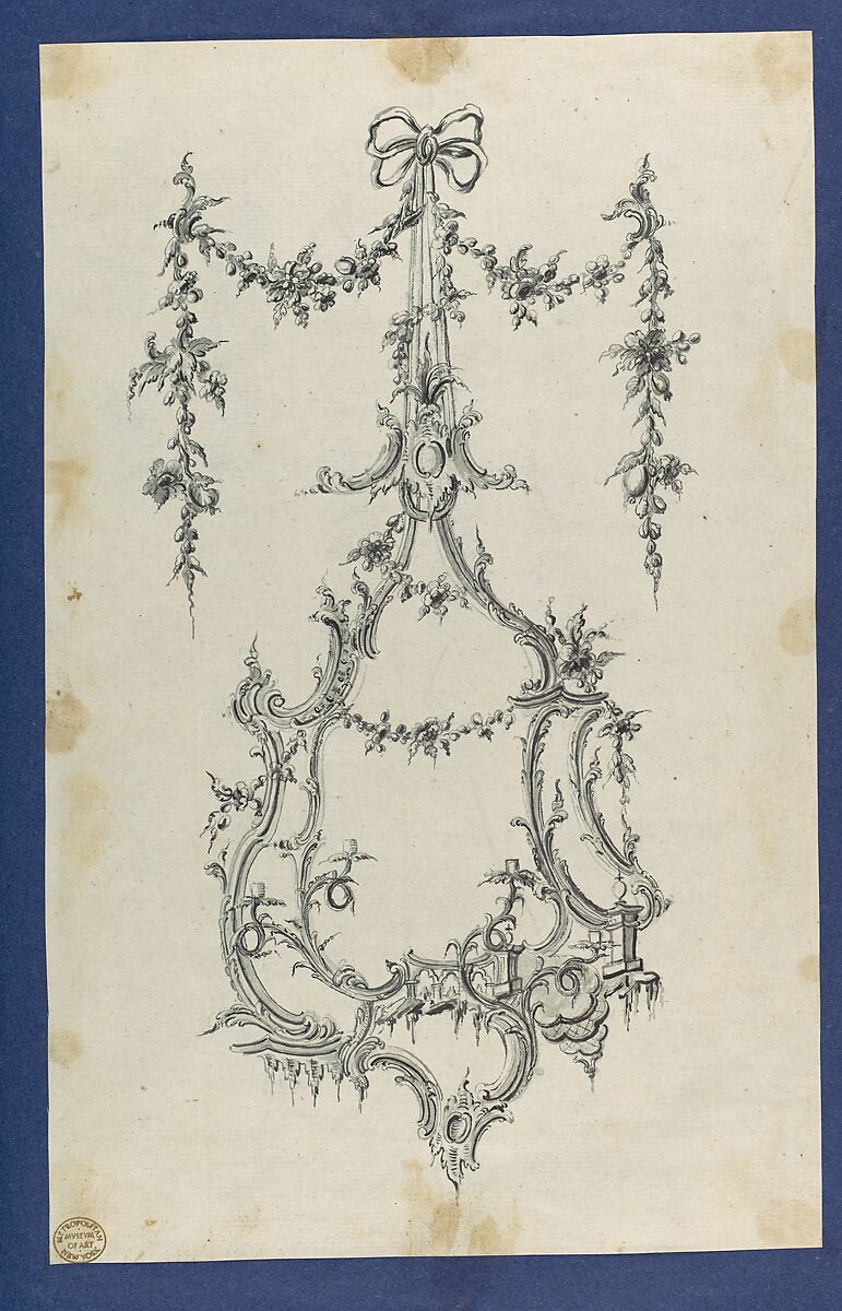 Mirror with Sconces, in Chippendale Drawings, Vol. I, Thomas Chippendale (British, baptised Otley, West Yorkshire 1718–1779 London), Black ink, gray ink, gray wash 