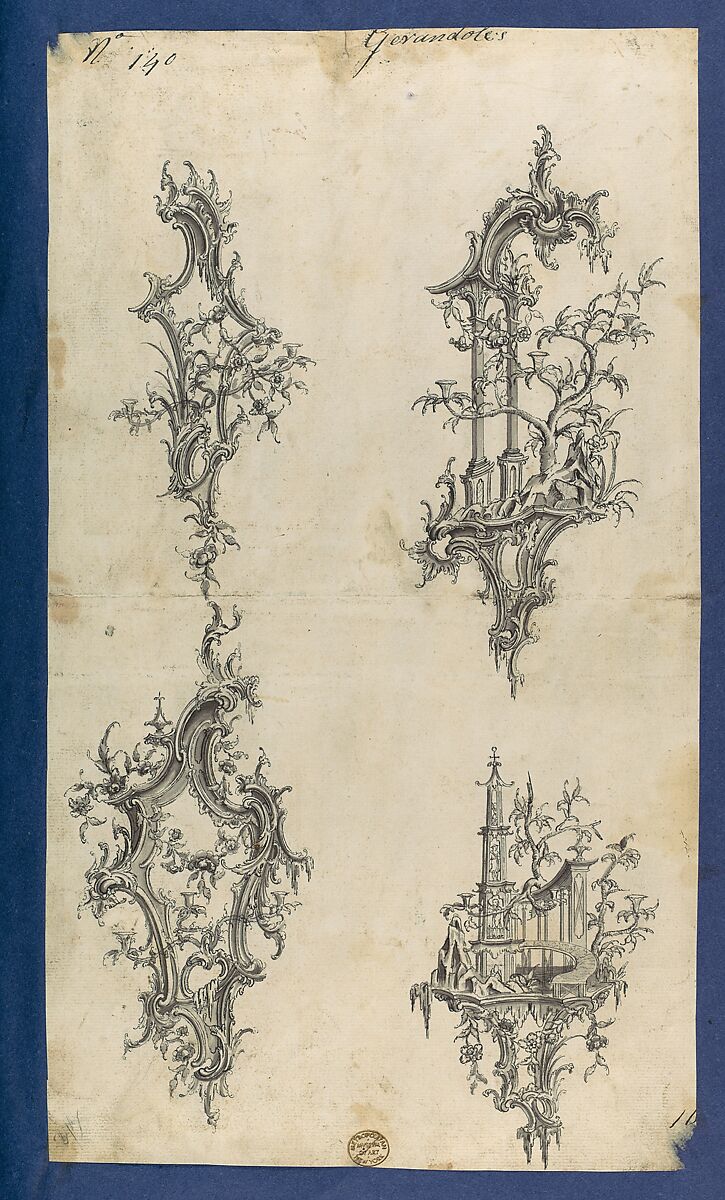 Girandoles, in Chippendale Drawings, Vol. I, Thomas Chippendale (British, baptised Otley, West Yorkshire 1718–1779 London), Black ink, gray wash 