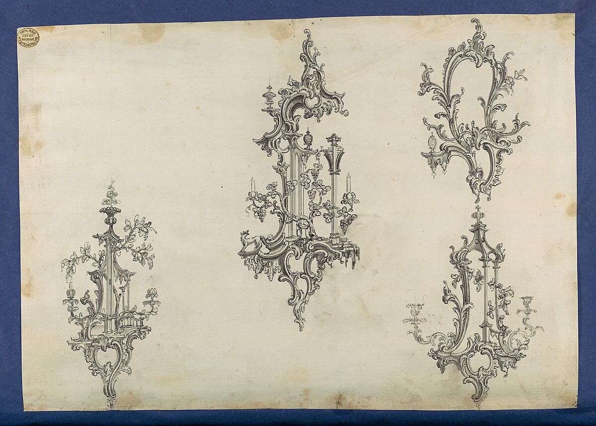 Girandoles, in Chippendale Drawings, Vol. I, Thomas Chippendale (British, baptised Otley, West Yorkshire 1718–1779 London), Black ink, gray ink and gray wash 