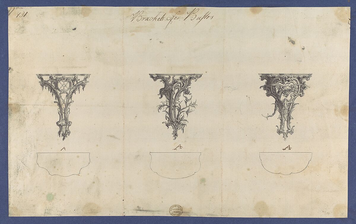 Brackets for Bustos, in Chippendale Drawings, Vol. I, Thomas Chippendale (British, baptised Otley, West Yorkshire 1718–1779 London), Black ink, gray wash 