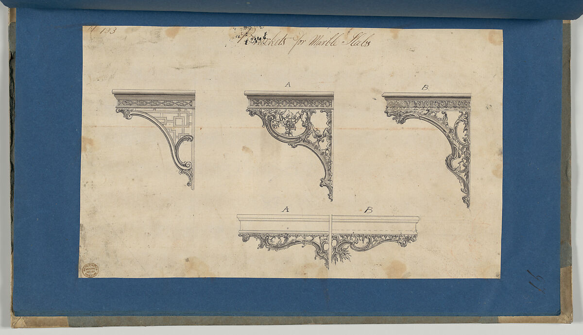 Brackets for Marble Slabs, in Chippendale Drawings, Vol. I, Thomas Chippendale (British, baptised Otley, West Yorkshire 1718–1779 London), Black ink, gray wash 