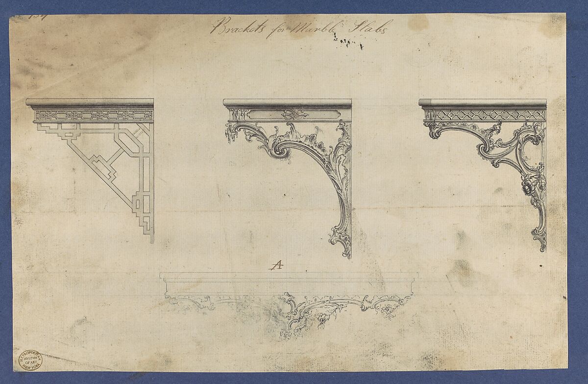 Brackets for Marble Slabs, in Chippendale Drawings, Vol. I, Thomas Chippendale (British, baptised Otley, West Yorkshire 1718–1779 London), Black ink, gray wash 