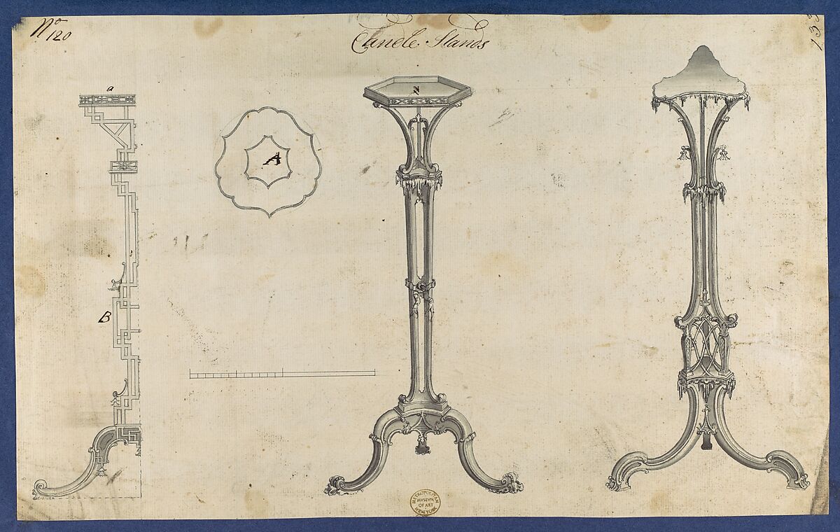 Candle Stands, in Chippendale Drawings, Vol. I, Thomas Chippendale (British, baptised Otley, West Yorkshire 1718–1779 London), Black ink, gray wash 