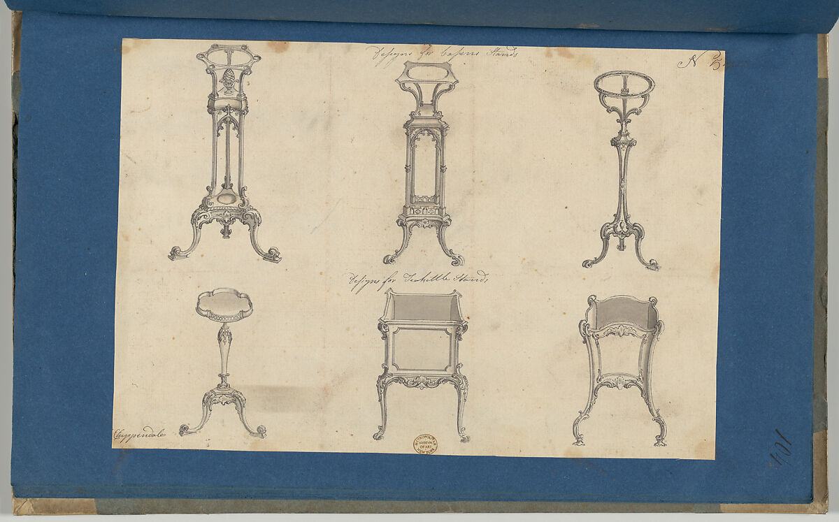 Designs for Basin Stands and Teakettle Stands, in Chippendale Drawings, Vol. I, Thomas Chippendale (British, baptised Otley, West Yorkshire 1718–1779 London), Black ink, gray wash
