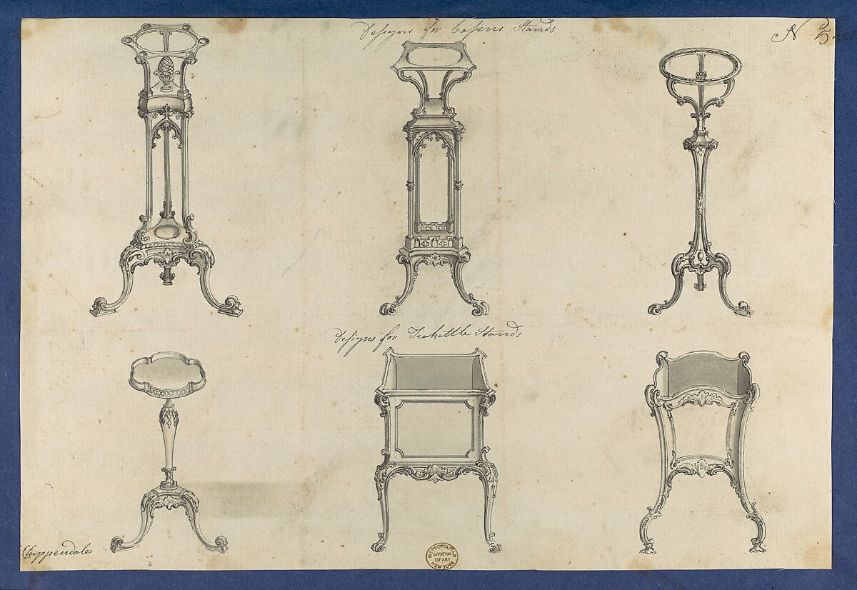 Designs for Basin Stands and Teakettle Stands, in Chippendale Drawings, Vol. I, Thomas Chippendale  British, Black ink, gray wash