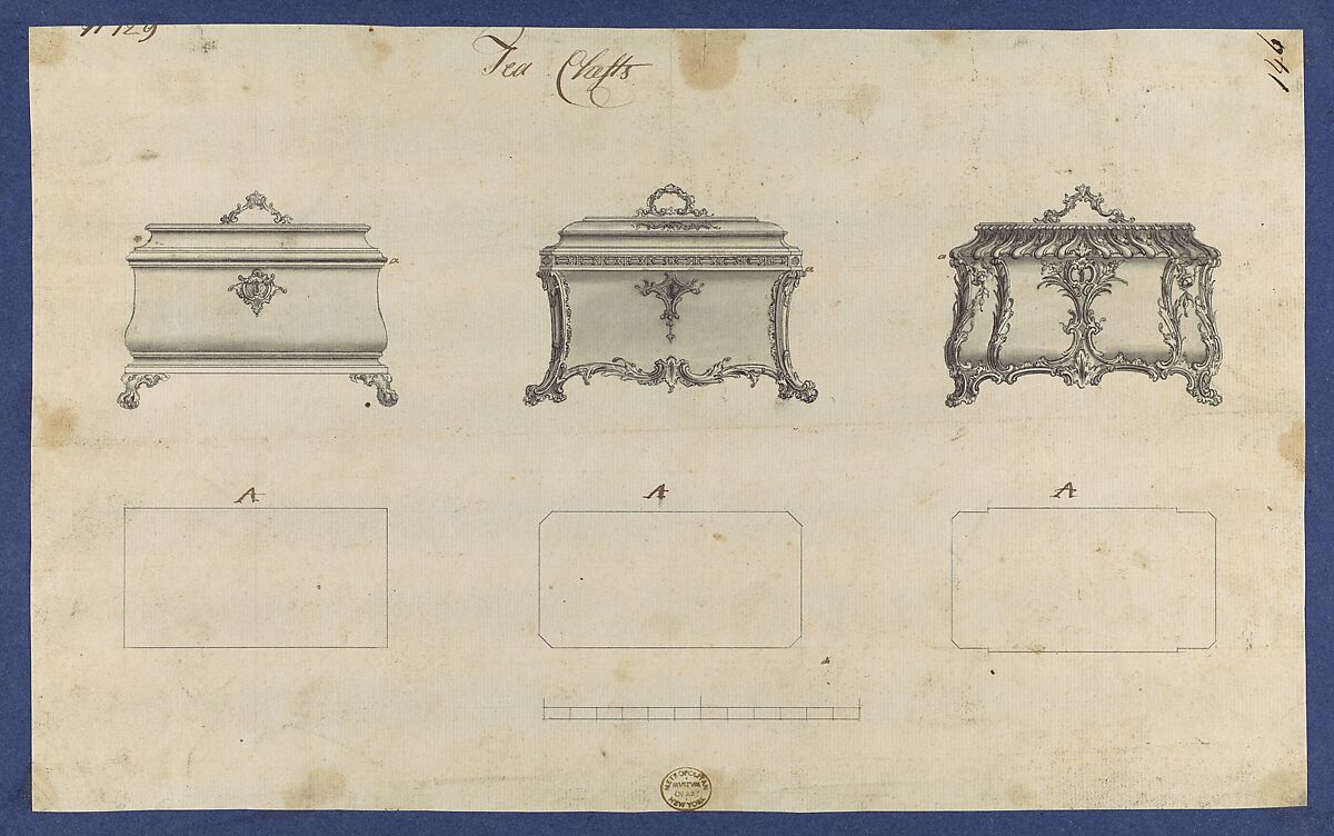 Tea Chests, in Chippendale Drawings, Vol. I, Thomas Chippendale (British, baptised Otley, West Yorkshire 1718–1779 London), Black ink, gray wash 