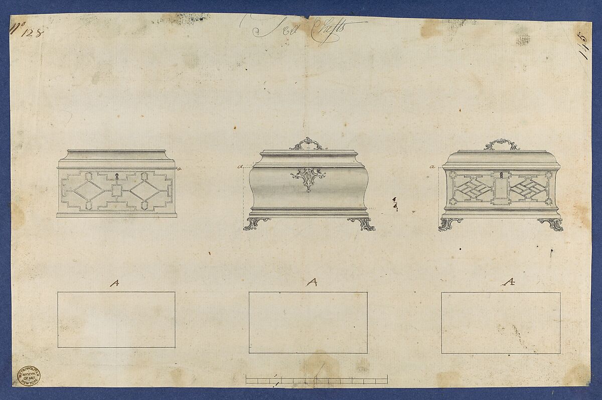 Tea Chests, in Chippendale Drawings, Vol. I, Thomas Chippendale (British, baptised Otley, West Yorkshire 1718–1779 London), Black ink, gray wash 