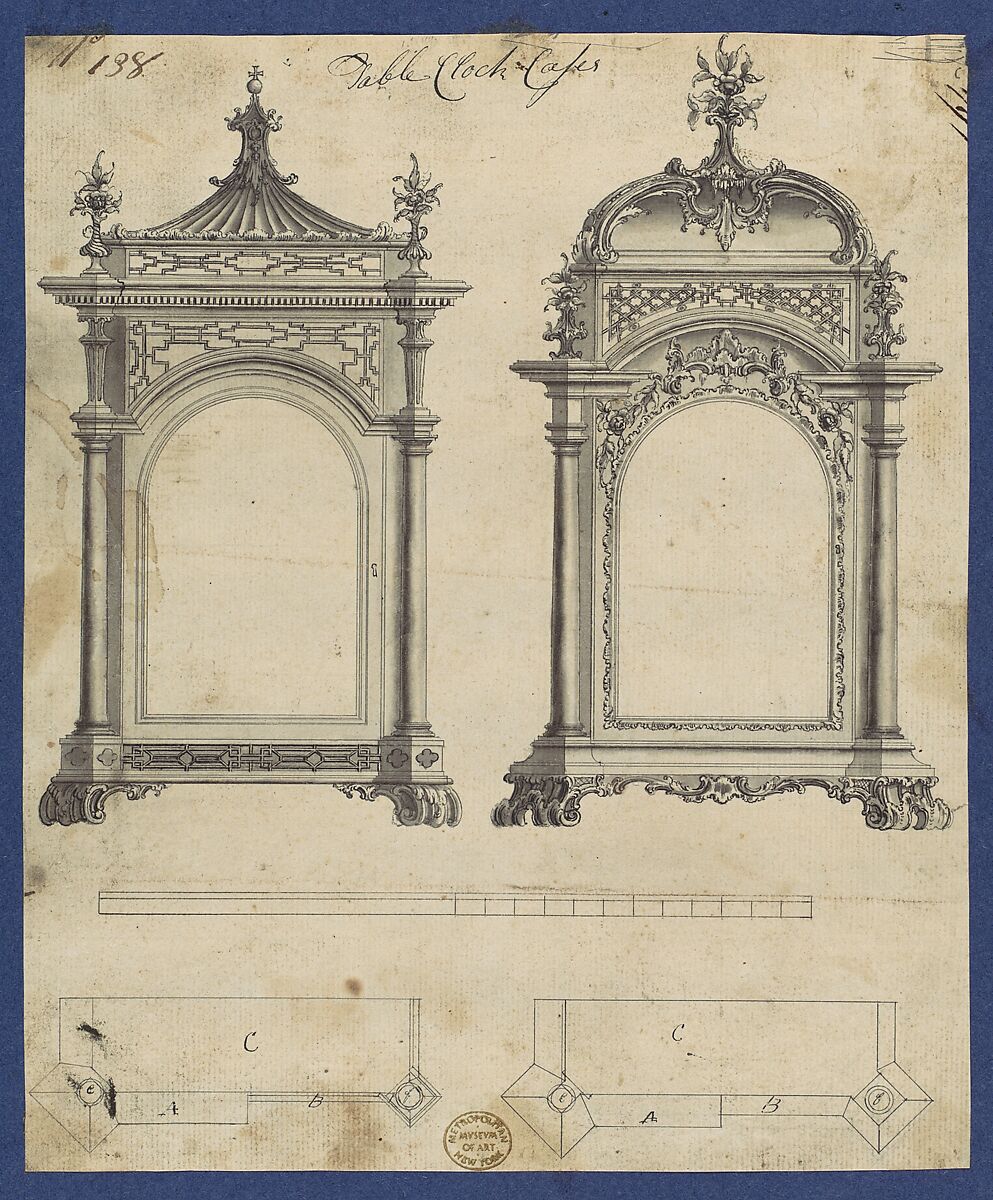 Table Clock Cases, in Chippendale Drawings, Vol. I, Thomas Chippendale (British, baptised Otley, West Yorkshire 1718–1779 London), Black ink, gray wash 