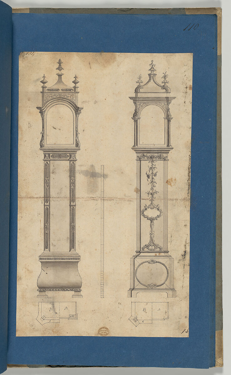 Clock Cases, in Chippendale Drawings, Vol. I, Thomas Chippendale (British, baptised Otley, West Yorkshire 1718–1779 London), Pen and black ink, brush and gray wash