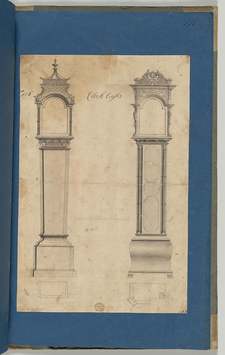 Clock Cases, in Chippendale Drawings, Vol. I, Thomas Chippendale (British, baptised Otley, West Yorkshire 1718–1779 London), Pen and black ink, brush and gray wash