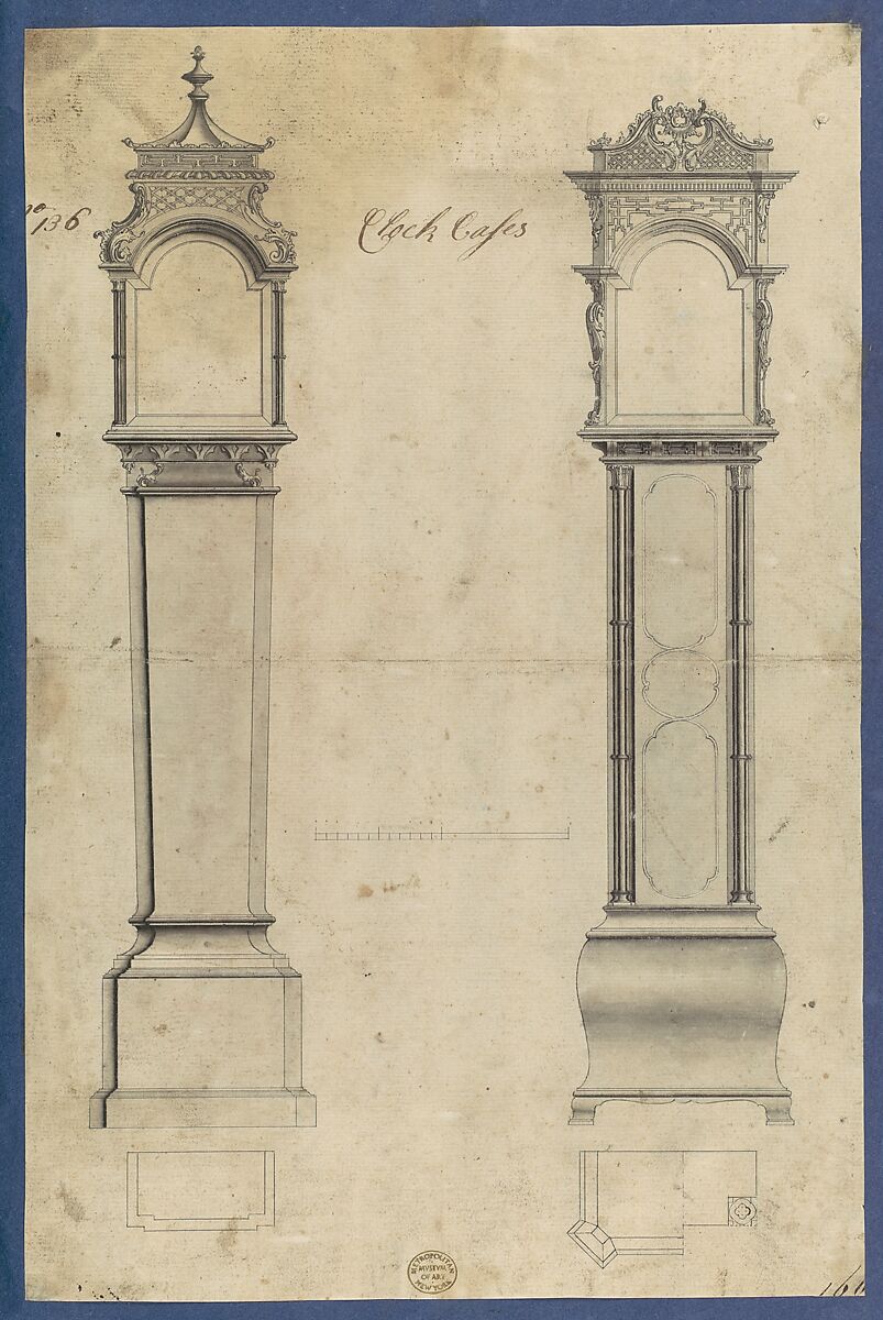 Clock Cases, in Chippendale Drawings, Vol. I, Thomas Chippendale (British, baptised Otley, West Yorkshire 1718–1779 London), Pen and black ink, brush and gray wash 