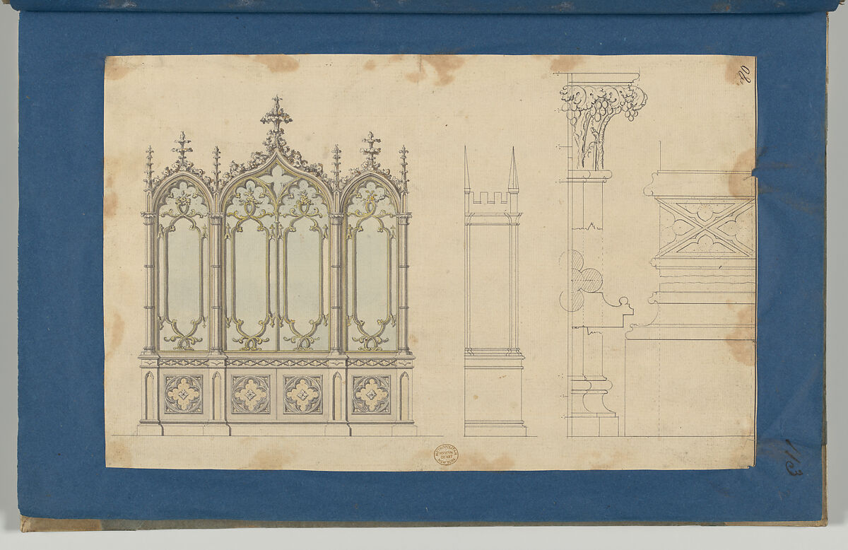 Gothic Bookcase, from Chippendale Drawings, Vol. II, Thomas Chippendale (British, baptised Otley, West Yorkshire 1718–1779 London), Black ink, gray, brown, yellow and blue wash