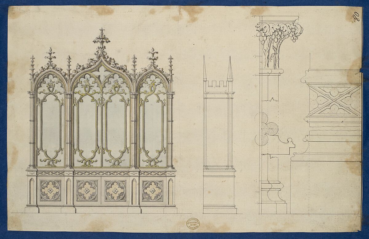 Gothic Bookcase, from Chippendale Drawings, Vol. II, Thomas Chippendale (British, baptised Otley, West Yorkshire 1718–1779 London), Black ink, gray, brown, yellow and blue wash 
