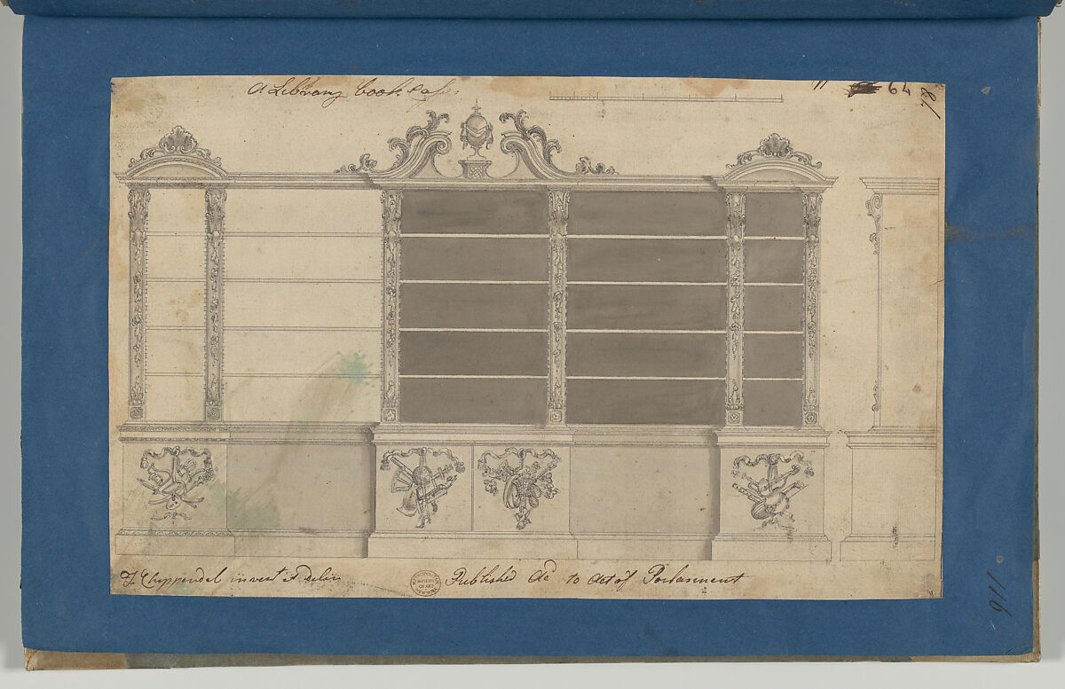Library Bookcase, from Chippendale Drawings, Vol. II, Thomas Chippendale (British, baptised Otley, West Yorkshire 1718–1779 London), Black ink, gray wash