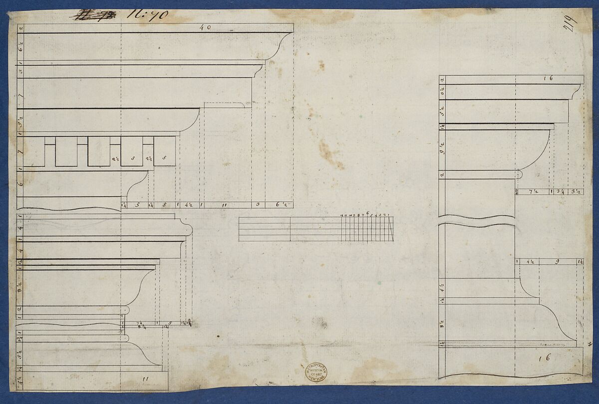 Moldings for Library Bookcase, from Chippendale Drawings, Vol. II, Thomas Chippendale (British, baptised Otley, West Yorkshire 1718–1779 London), Black ink 