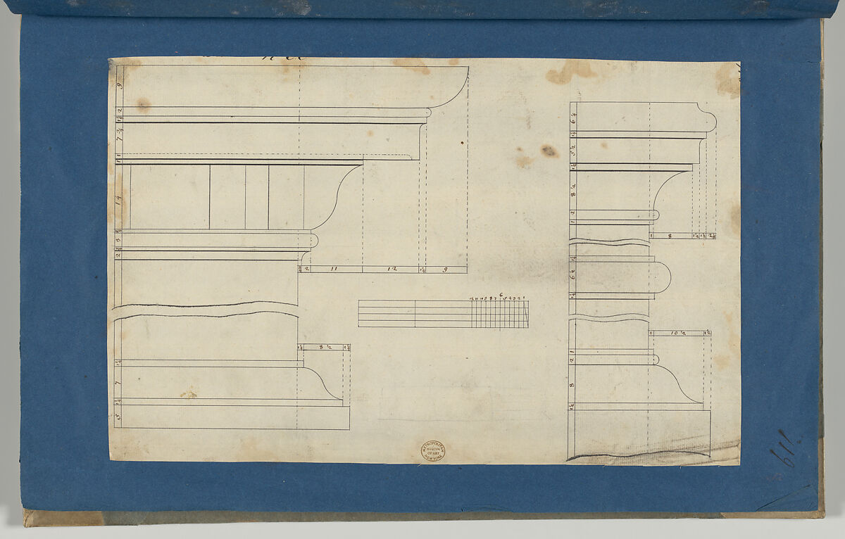 Moldings for Library Bookcase, from Chippendale Drawings, Vol. II, Thomas Chippendale (British, baptised Otley, West Yorkshire 1718–1779 London), Black ink