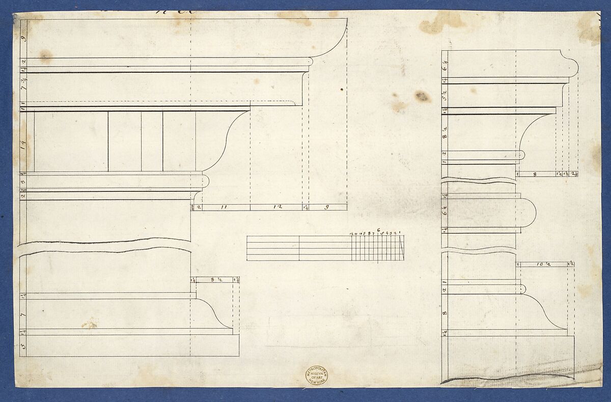 Moldings for Library Bookcase, from Chippendale Drawings, Vol. II, Thomas Chippendale (British, baptised Otley, West Yorkshire 1718–1779 London), Black ink 