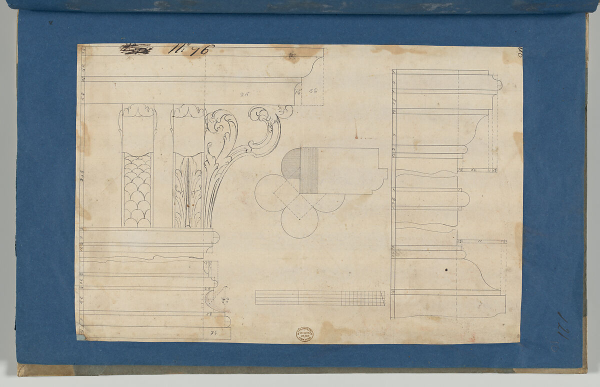 Moldings and Plan for Column on Door of Library Bookcase, from Chippendale Drawings, Vol. II, Thomas Chippendale (British, baptised Otley, West Yorkshire 1718–1779 London), Black ink