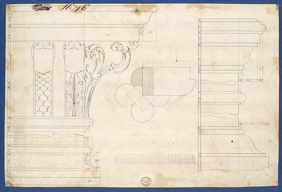 Moldings and Plan for Column on Door of Library Bookcase, from Chippendale Drawings, Vol. II, Thomas Chippendale (British, baptised Otley, West Yorkshire 1718–1779 London), Black ink 