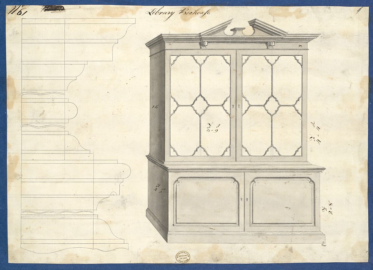 Library Bookcase, from Chippendale Drawings, Vol. II, Thomas Chippendale (British, baptised Otley, West Yorkshire 1718–1779 London), Black ink, gray wash 