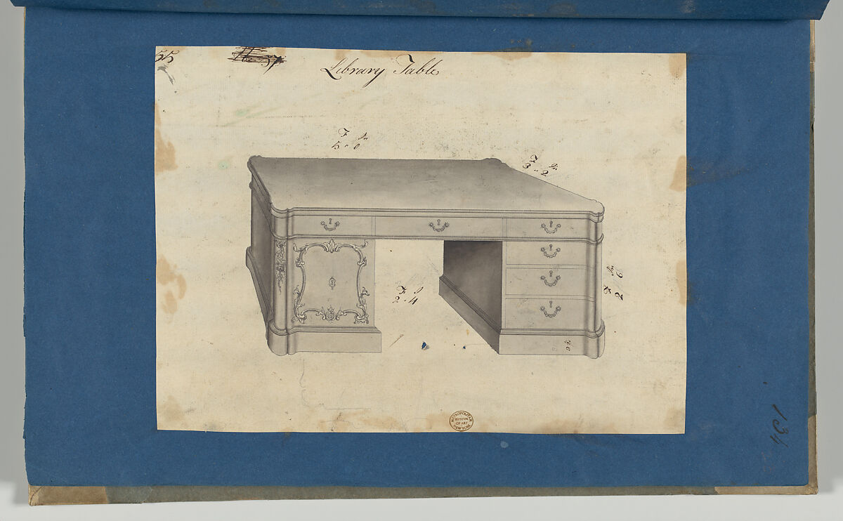 Library Table, from Chippendale Drawings, Vol. II, Thomas Chippendale (British, baptised Otley, West Yorkshire 1718–1779 London), Black ink, gray wash