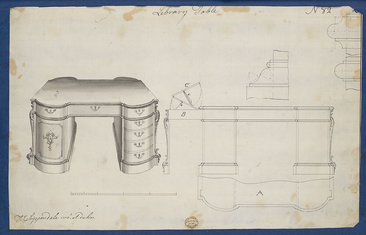 Library Table, from Chippendale Drawings, Vol. II, Thomas Chippendale (British, baptised Otley, West Yorkshire 1718–1779 London), Black ink, gray wash 