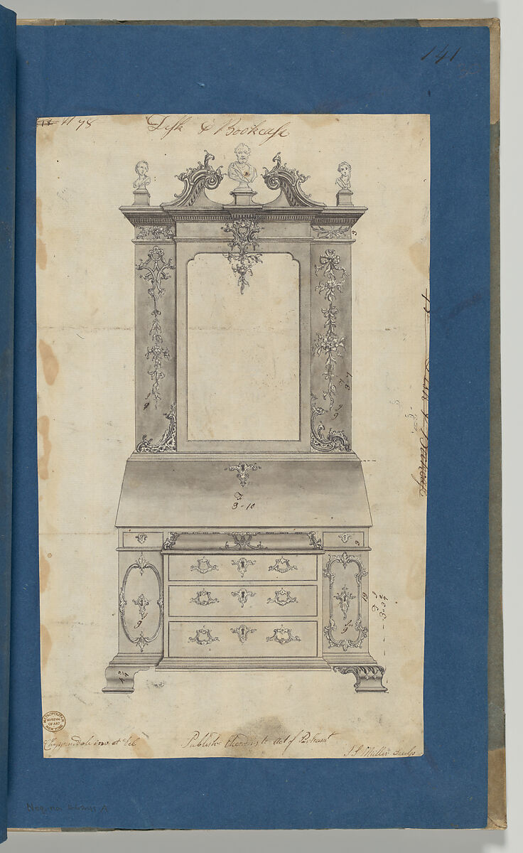 Desk and Bookcase, from Chippendale Drawings, Vol. II, Thomas Chippendale (British, baptised Otley, West Yorkshire 1718–1779 London), Black ink, gray wash