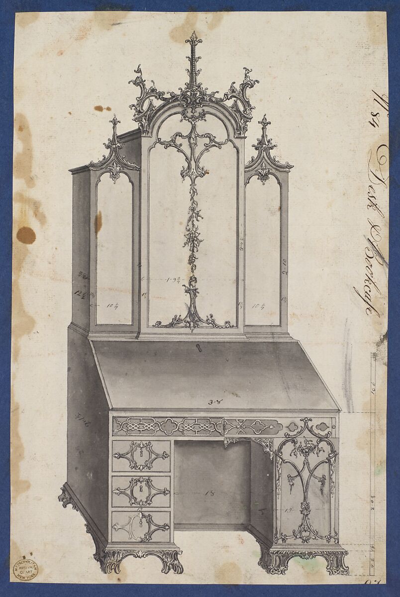 Desk and Bookcase, from Chippendale Drawings, Vol. II, Thomas Chippendale (British, baptised Otley, West Yorkshire 1718–1779 London), Black ink, gray wash 