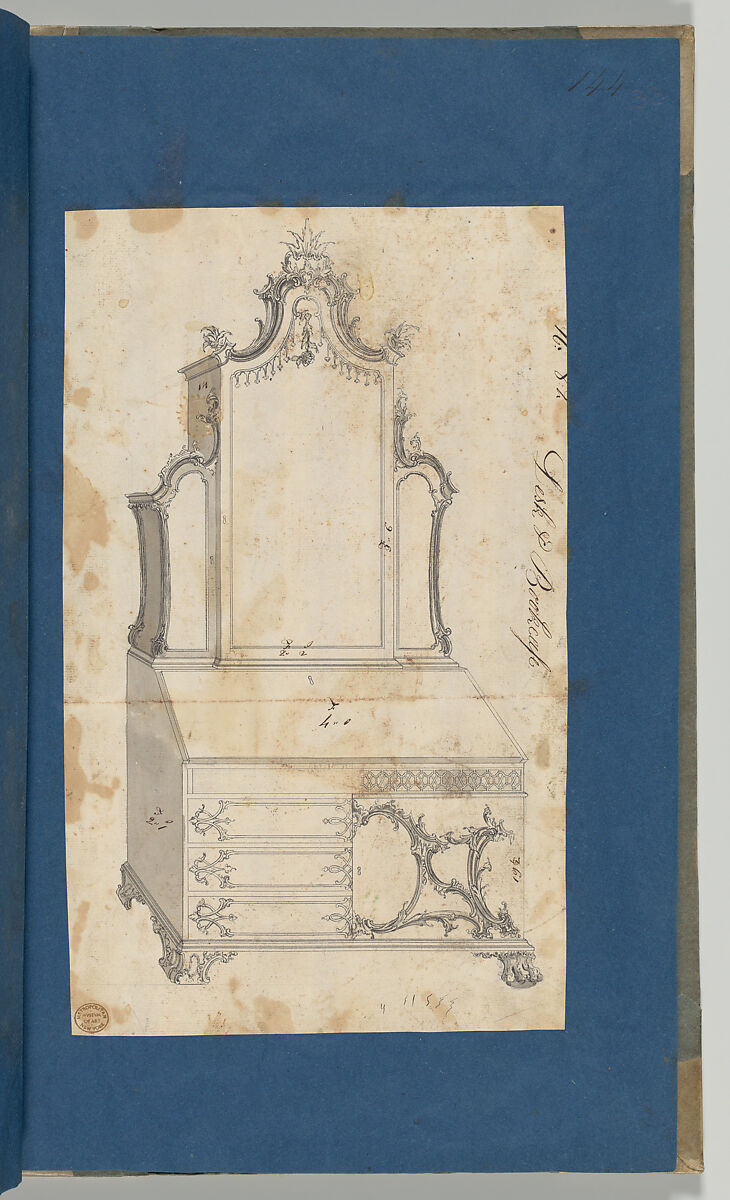 Desk and Bookcase, from Chippendale Drawings, Vol. II, Thomas Chippendale (British, baptised Otley, West Yorkshire 1718–1779 London), Black ink, gray wash