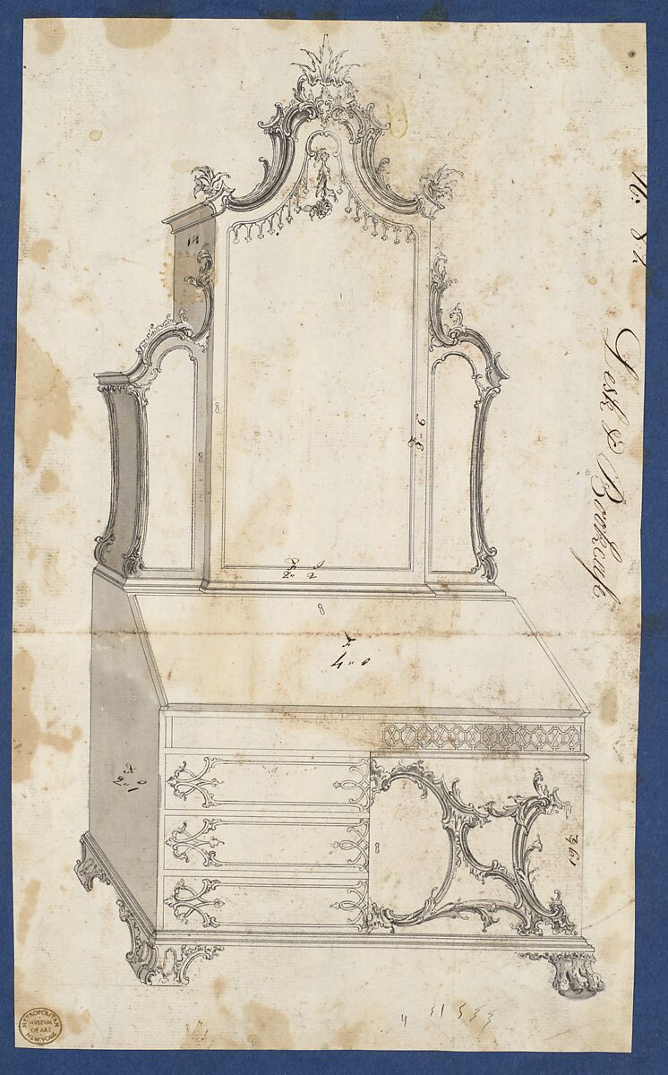 Desk and Bookcase, from Chippendale Drawings, Vol. II, Thomas Chippendale (British, baptised Otley, West Yorkshire 1718–1779 London), Black ink, gray wash 