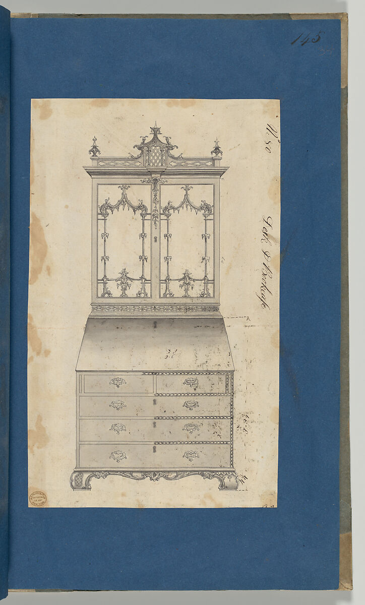 Desk and Bookcase, from Chippendale Drawings, Vol. II, Thomas Chippendale (British, baptised Otley, West Yorkshire 1718–1779 London), Black ink, gray wash