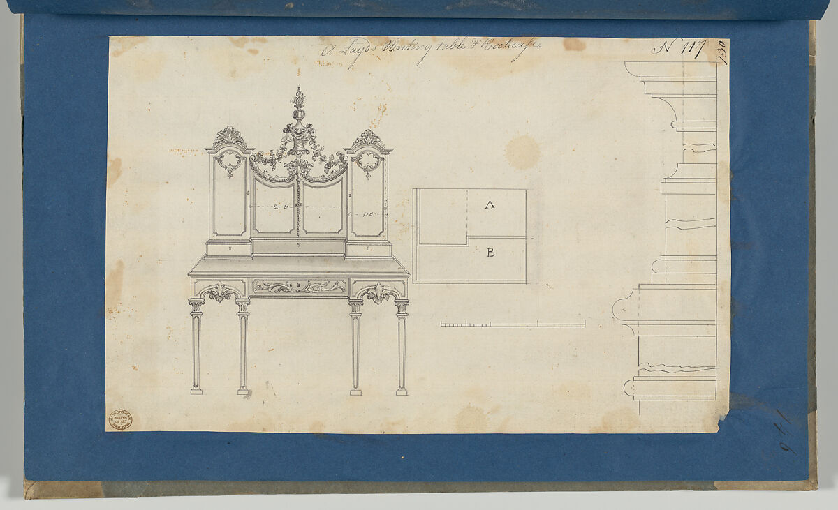 Lady's Writing Table and Bookcase, from Chippendale Drawings, Vol. II, Thomas Chippendale (British, baptised Otley, West Yorkshire 1718–1779 London), Black ink, gray wash