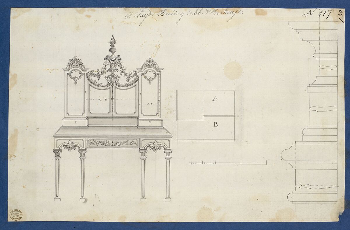 Lady's Writing Table and Bookcase, from Chippendale Drawings, Vol. II, Thomas Chippendale (British, baptised Otley, West Yorkshire 1718–1779 London), Black ink, gray wash 