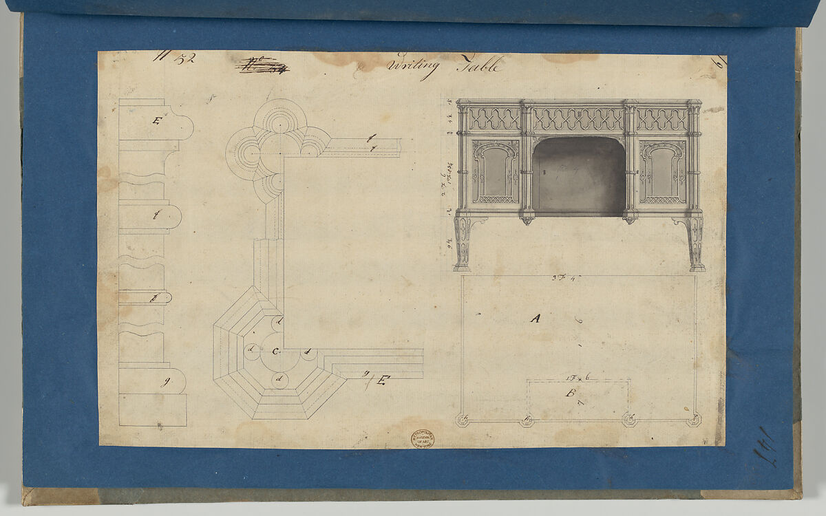 Writing Table, from Chippendale Drawings, Vol. II, Thomas Chippendale (British, baptised Otley, West Yorkshire 1718–1779 London), Black ink, gray wash