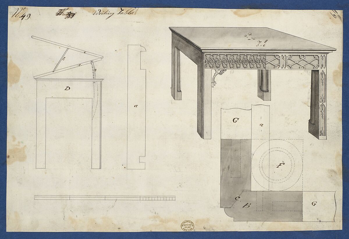 Writing Table, from Chippendale Drawings, Vol. II, Thomas Chippendale (British, baptised Otley, West Yorkshire 1718–1779 London), Black ink, gray wash 