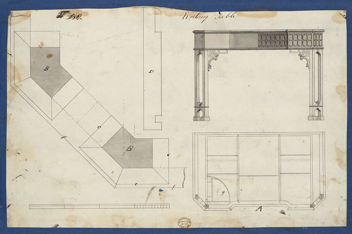 Writing Table, from Chippendale Drawings, Vol. II, Thomas Chippendale (British, baptised Otley, West Yorkshire 1718–1779 London), Black ink, gray wash 