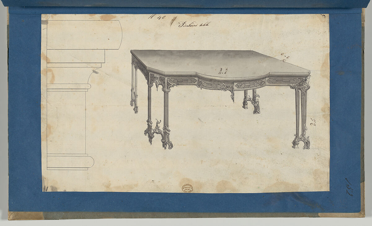 Sideboard Table, from Chippendale Drawings, Vol. II, Thomas Chippendale (British, baptised Otley, West Yorkshire 1718–1779 London), Black ink, gray wash