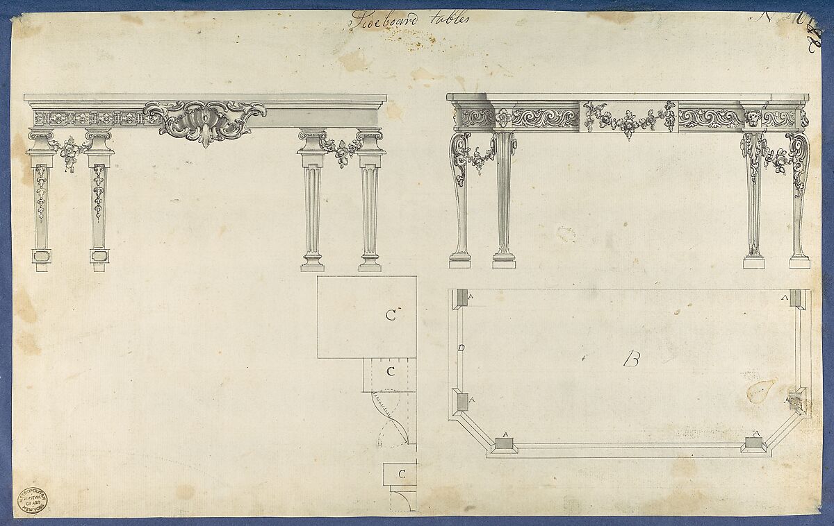 Sideboard Tables, from Chippendale Drawings, Vol. II, Thomas Chippendale (British, baptised Otley, West Yorkshire 1718–1779 London), Black ink, gray wash 