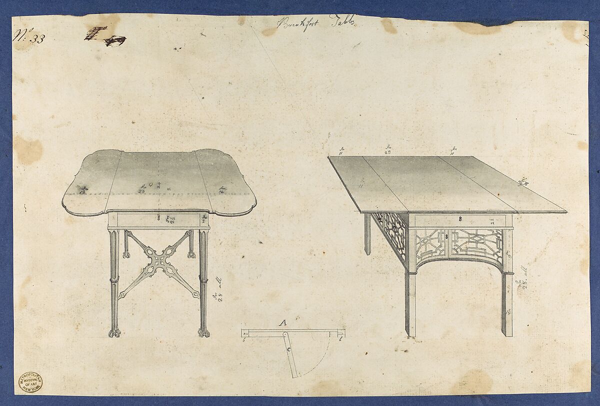 Breakfast Tables, from Chippendale Drawings, Vol. II, Thomas Chippendale (British, baptised Otley, West Yorkshire 1718–1779 London), Black ink, gray wash 