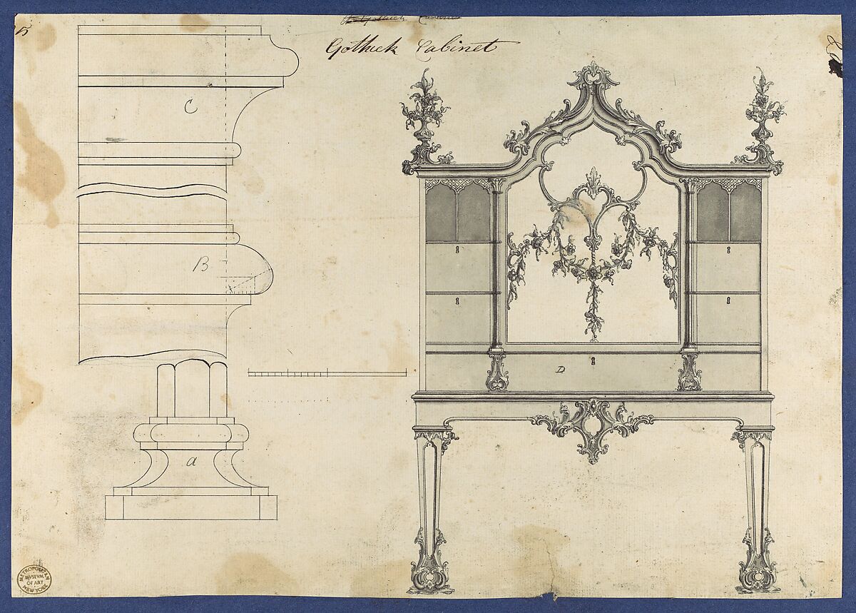 Gothick [Gothic] Cabinet, from Chippendale Drawings, Vol. II, Thomas Chippendale (British, baptised Otley, West Yorkshire 1718–1779 London), Black ink, gray wash 