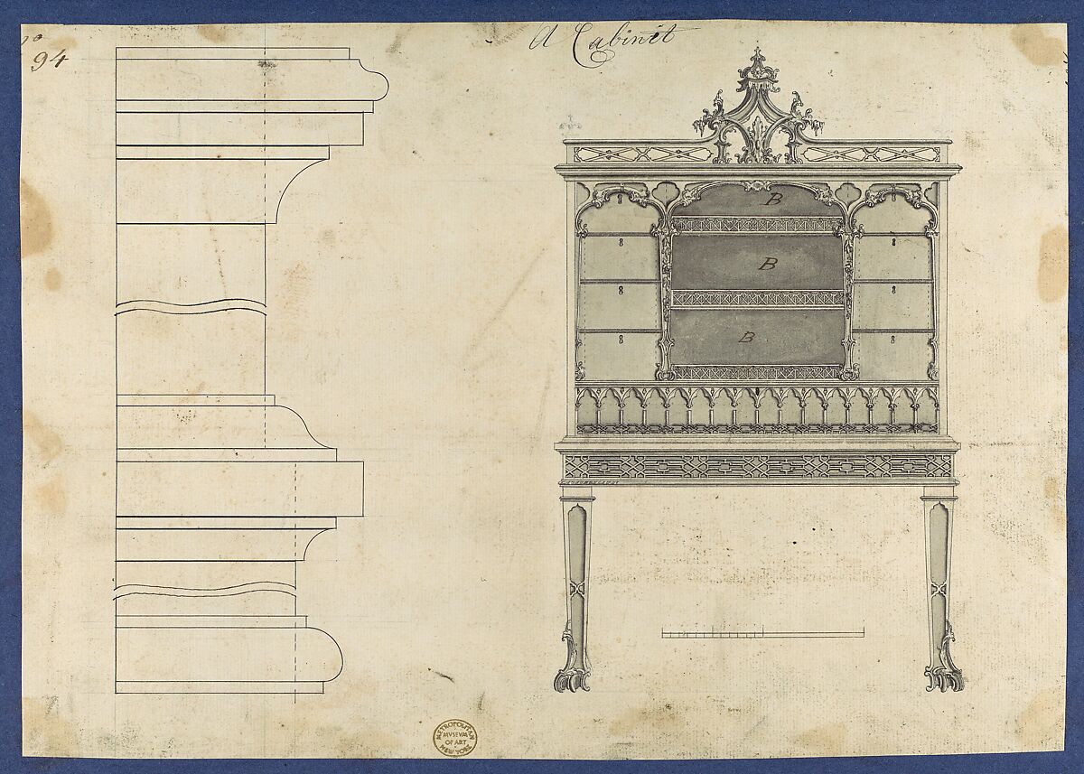 Cabinet, from Chippendale Drawings, Vol. II, Thomas Chippendale (British, baptised Otley, West Yorkshire 1718–1779 London), Black ink, gray wash 
