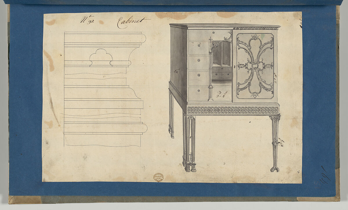 Cabinet, from Chippendale Drawings, Vol. II, Thomas Chippendale (British, baptised Otley, West Yorkshire 1718–1779 London), Black ink, gray wash