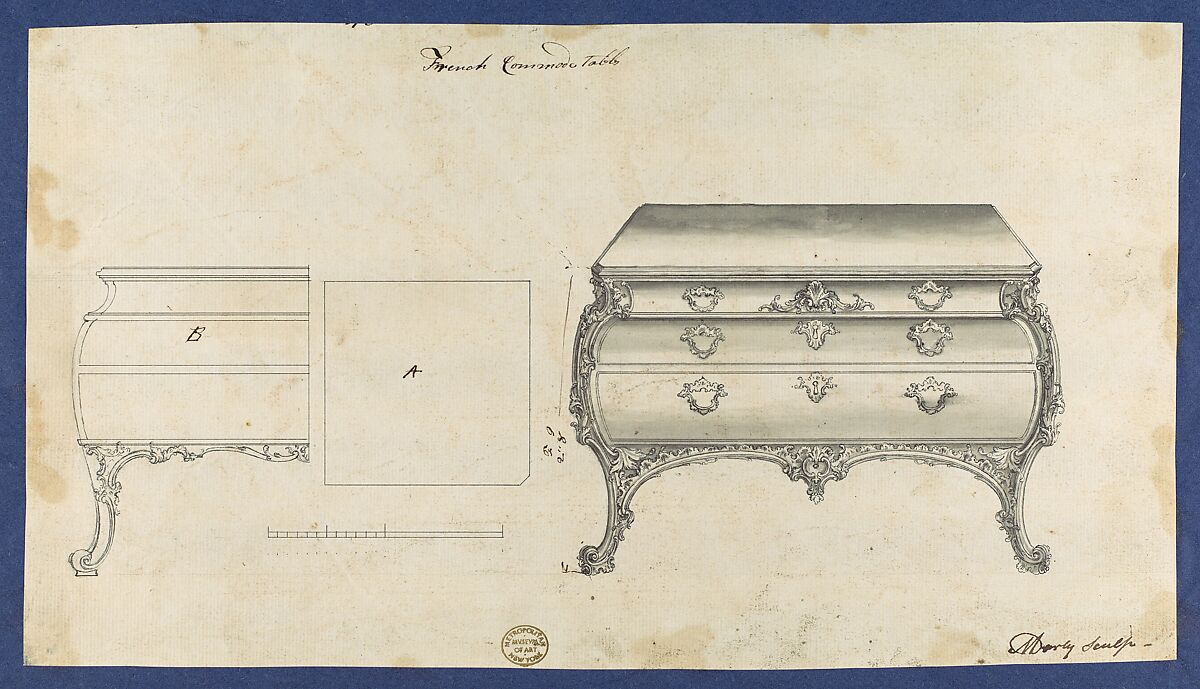 French Commode Table, from Chippendale Drawings, Vol. II, Thomas Chippendale (British, baptised Otley, West Yorkshire 1718–1779 London), Black ink, gray wash 