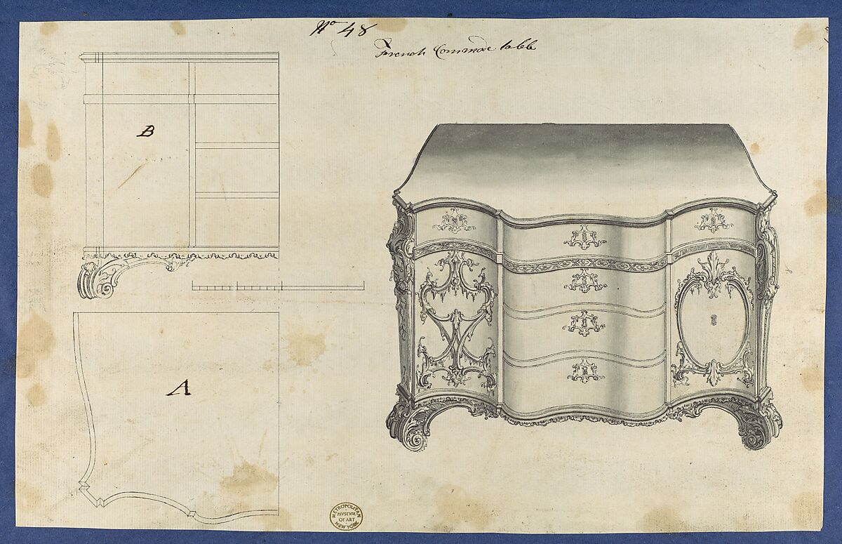 French Commode Table, from Chippendale Drawings, Vol. II, Thomas Chippendale (British, baptised Otley, West Yorkshire 1718–1779 London), Black ink, gray wash 