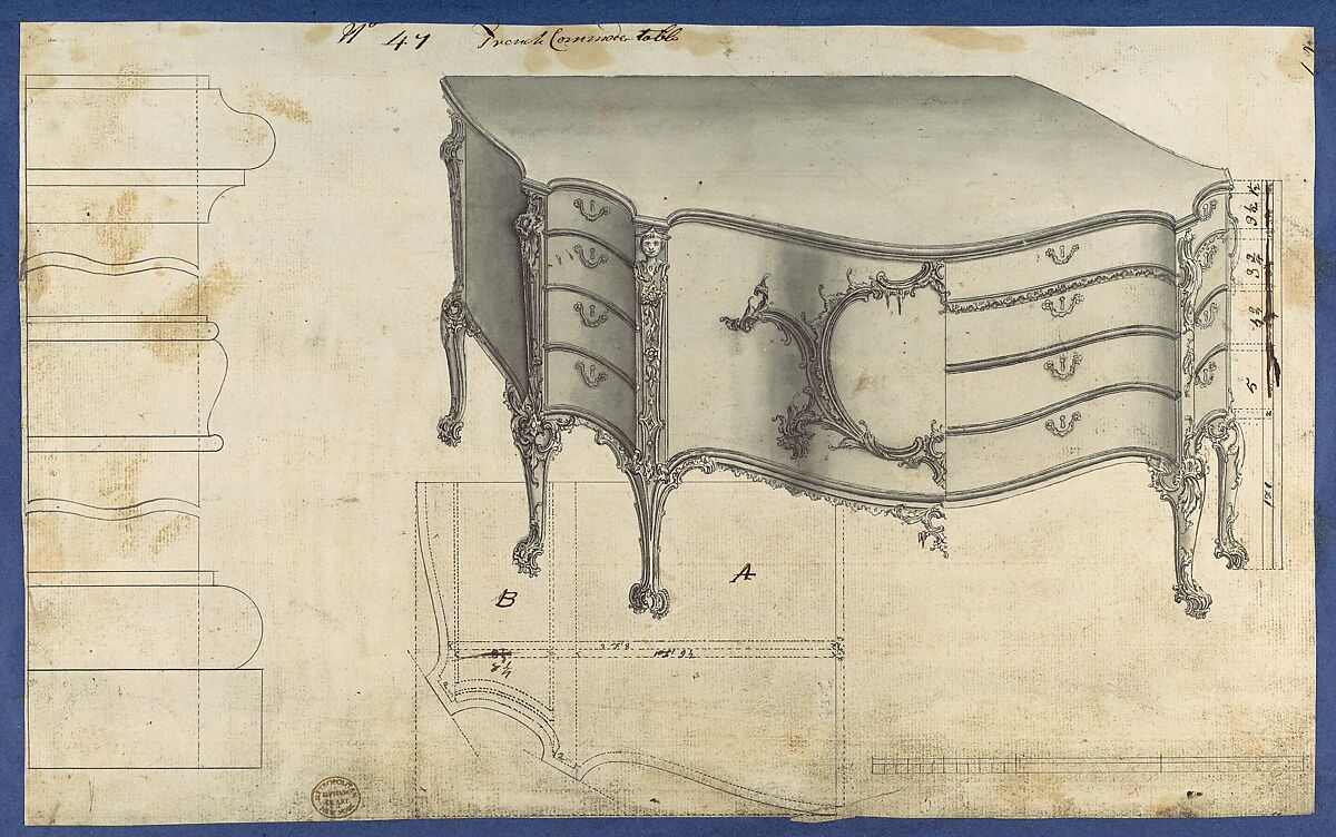 French Commode Table, from Chippendale Drawings, Vol. II, Thomas Chippendale (British, baptised Otley, West Yorkshire 1718–1779 London), Black ink, gray wash 