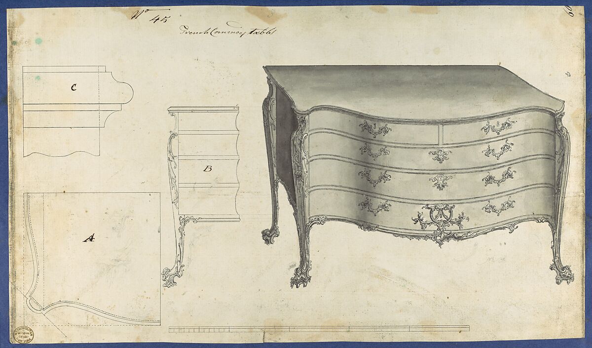 French Commode Table, from Chippendale Drawings, Vol. II, Thomas Chippendale (British, baptised Otley, West Yorkshire 1718–1779 London), Black ink, gray wash 