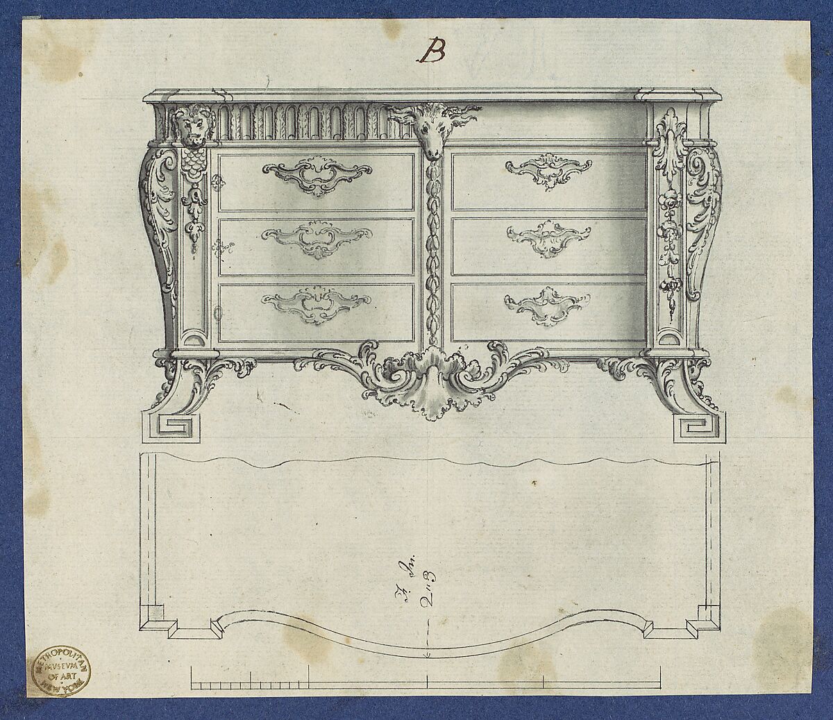 French Commode, from Chippendale Drawings, Vol. II, Thomas Chippendale (British, baptised Otley, West Yorkshire 1718–1779 London), Black ink, gray wash 
